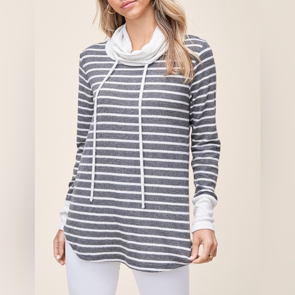 Pink Clover Stitch Fix Cowl Neck Striped Gray White Long Sleeve Womens XS Petite